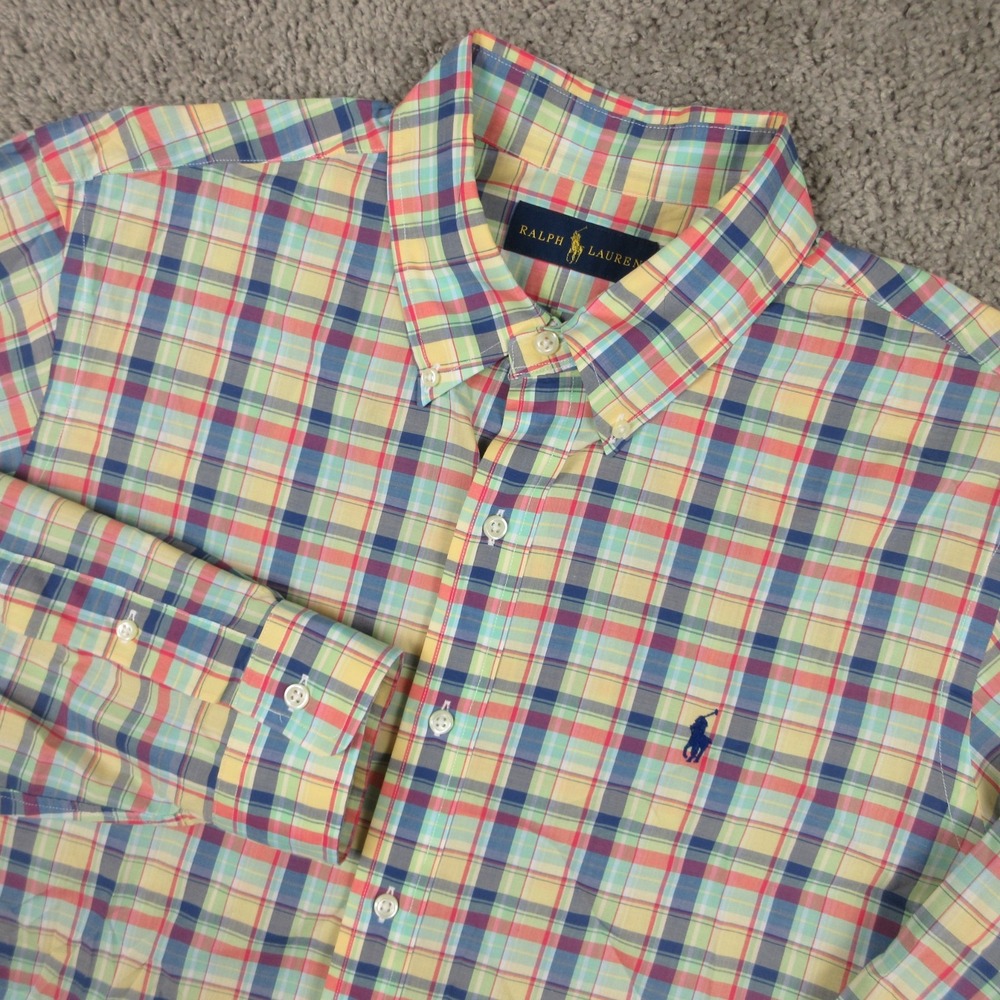 Polo Ralph Lauren Shirt Mens Large Yellow Plaid Oxford Blue Pony Logo Button Up